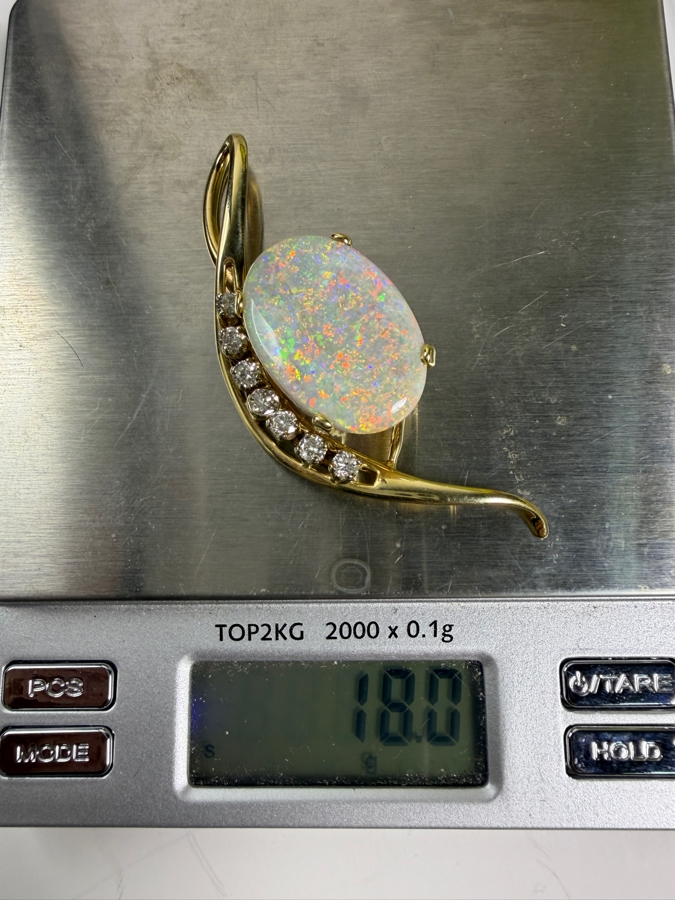 Stunning Large 14k Gold Natural Opal Pendant With (7) Diamonds Apx. 1.05cttw - Opal Is Apx. 10ct - 2.5'L Total Weight 18g Retails $4,000 [Photo 15]