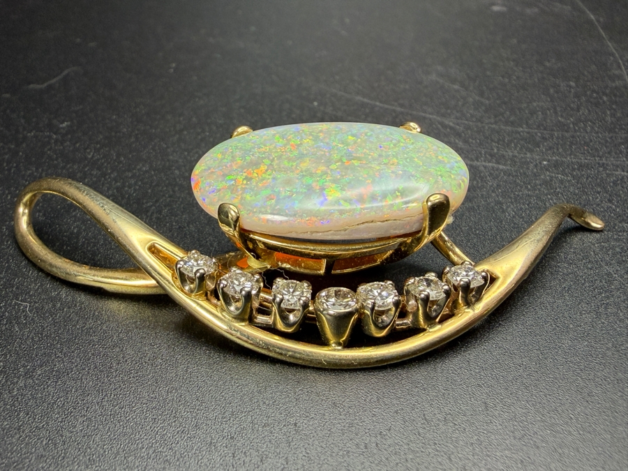 Stunning Large 14k Gold Natural Opal Pendant With (7) Diamonds Apx. 1.05cttw - Opal Is Apx. 10ct - 2.5'L Total Weight 18g Retails $4,000 [Photo 5]