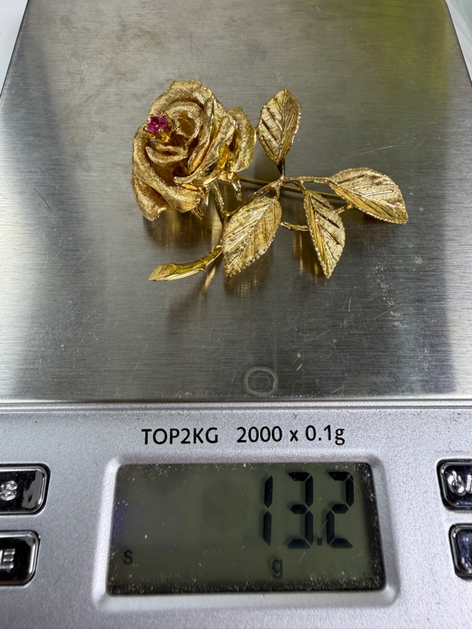 14k Gold Rose Brooch Pin 13.2g ($1,125 Melt Value)  [Photo 9]
