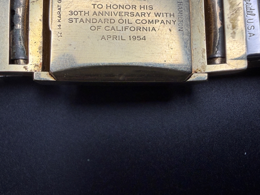 14k Gold Men's Mid-Century Hamilton Wrist Watch With Engraving On Back 'To Honor His 30th Anniversary With Standard Oil Company Of California April 1954' 57.5g [Photo 4]