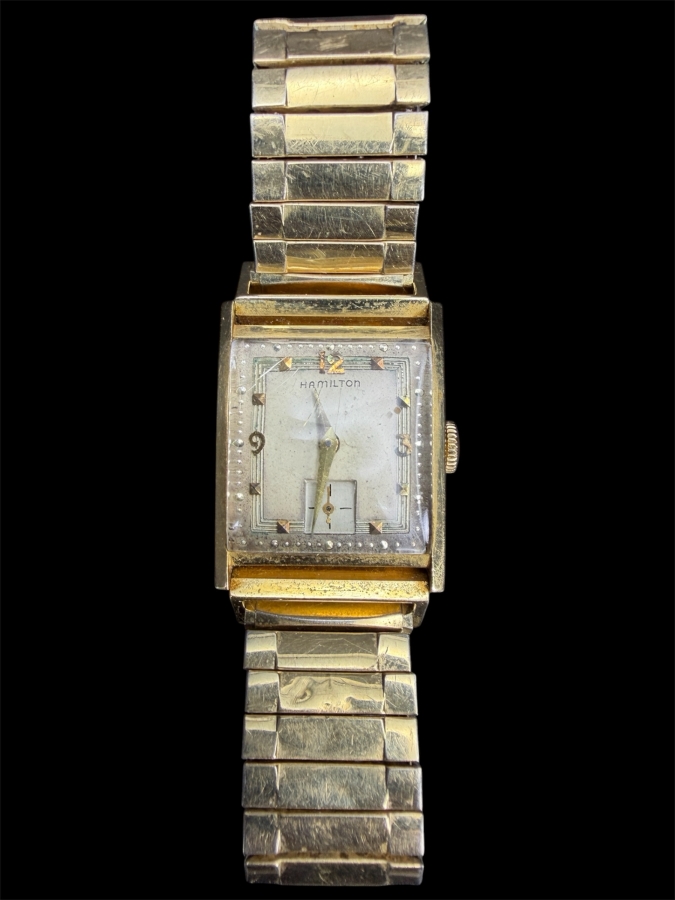 14k Gold Men's Mid-Century Hamilton Wrist Watch With Engraving On Back 'To Honor His 30th Anniversary With Standard Oil Company Of California April 1954' 57.5g