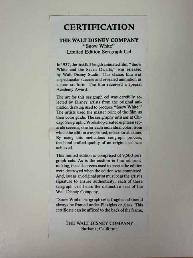 The Walt Disney Company 'Snow White' Limited Edition Serigraph Cel 13 X 9.5 Framed 21 X 17 [Photo 12]
