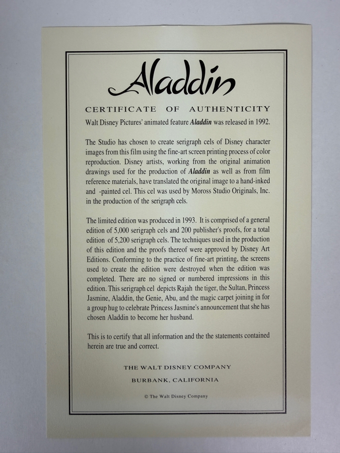 The Walt Disney Company 'Aladdin' Limited Edition Serigraph Cel 13 X 10 Framed 20 X 17.5 [Photo 12]