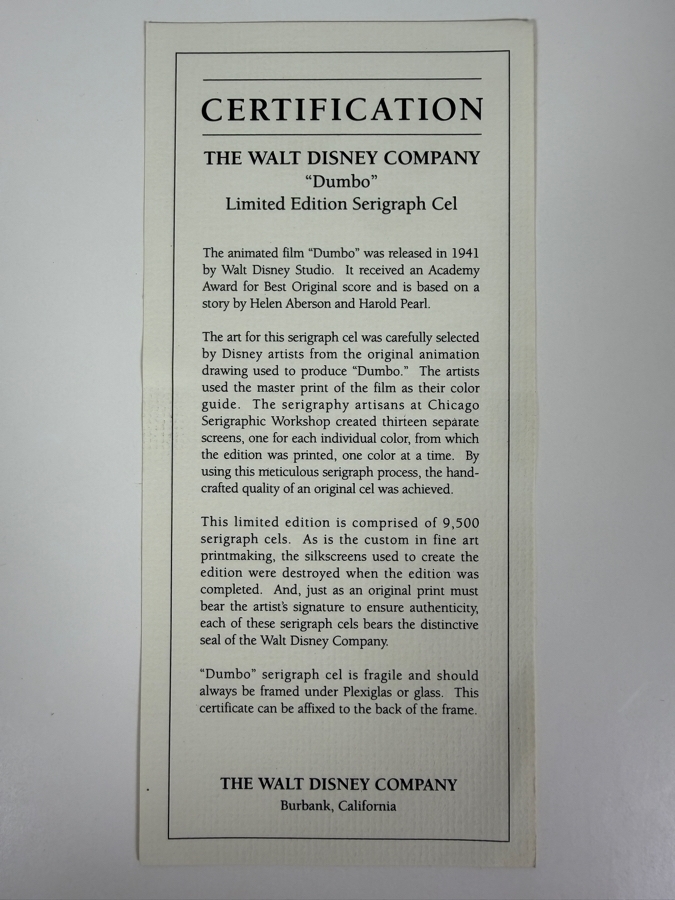 The Walt Disney Company 'Dumbo' Limited Edition Serigraph Cel 13.5 X 9.5 Framed 21 X 17 [Photo 10]