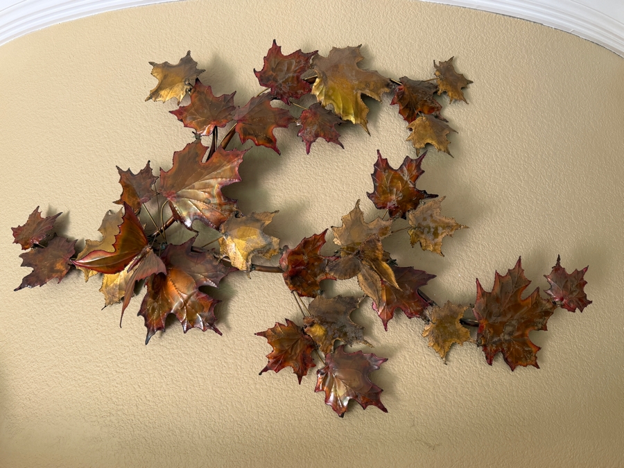 Vintage Copper Wall Sculpture Of Maple Leaves & Butterflies 43'W
