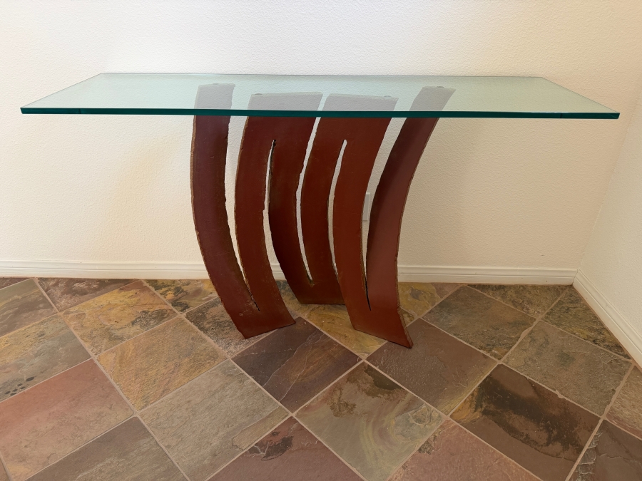 Maurice Barilone For Roche Bobois 'Fleur de Fer' Console Table With A Rust-patina Steel Base And Glass Top 55W X 17.5D X 31H