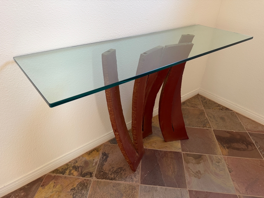 Maurice Barilone For Roche Bobois 'Fleur de Fer' Console Table With A Rust-patina Steel Base And Glass Top 55W X 17.5D X 31H [Photo 4]