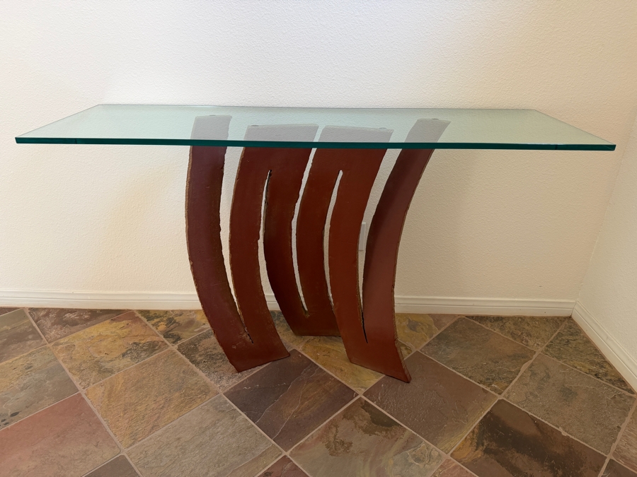 Maurice Barilone For Roche Bobois 'Fleur de Fer' Console Table With A Rust-patina Steel Base And Glass Top 55W X 17.5D X 31H [Photo 2]