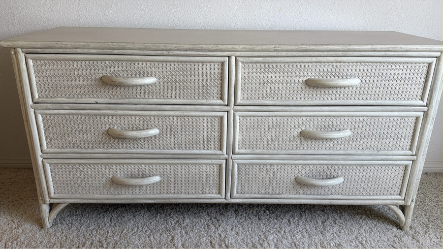Vintage Wicker And Rattan 6-Drawer Chest Of Drawers Dresser 58.5W X 20D X 29H