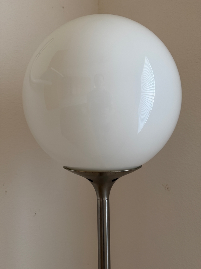 Mid-Century Modern Italian Space Age Artemide Polluce Model Designed By Anna Fasolls & Enzo Mari Floor Lamp Featuring White Globe Shade And Silver Stem 67'H [Photo 3]