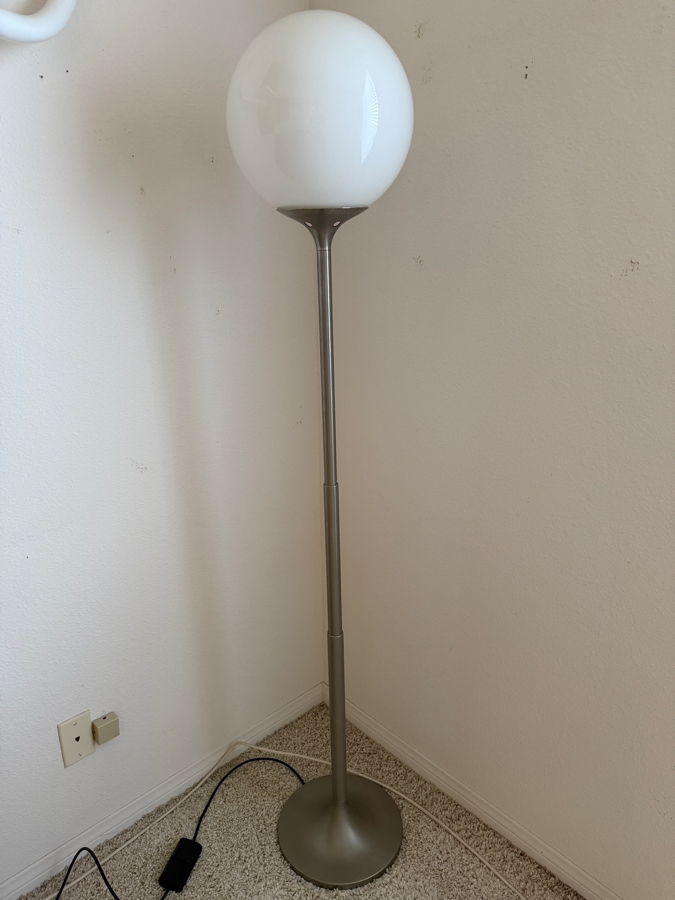 Mid-Century Modern Italian Space Age Artemide Polluce Model Designed By Anna Fasolls & Enzo Mari Floor Lamp Featuring White Globe Shade And Silver Stem 67'H [Photo 2]