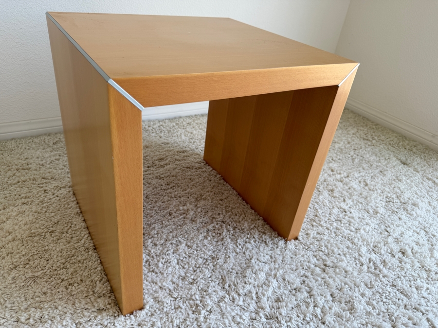 Milo Baughman Style Wooden End Table With Metal Corner Accents 17.5W X 16.5D X 18H