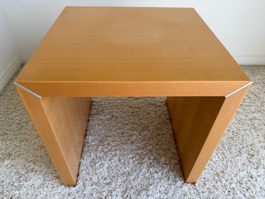 Milo Baughman Style Wooden End Table With Metal Corner Accents 17.5W X 16.5D X 18H [Photo 3]