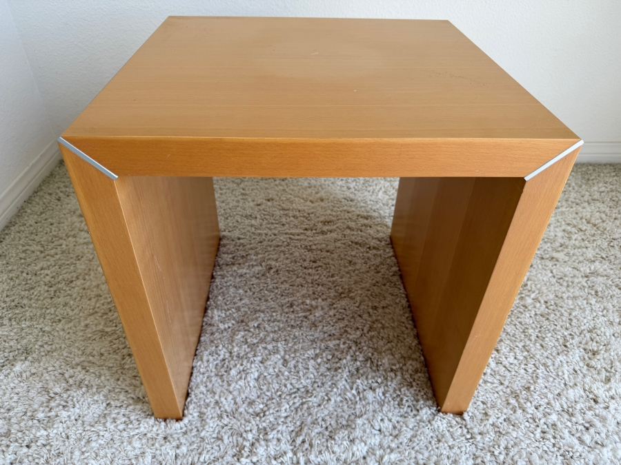 Milo Baughman Style Wooden End Table With Metal Corner Accents 17.5W X 16.5D X 18H [Photo 2]