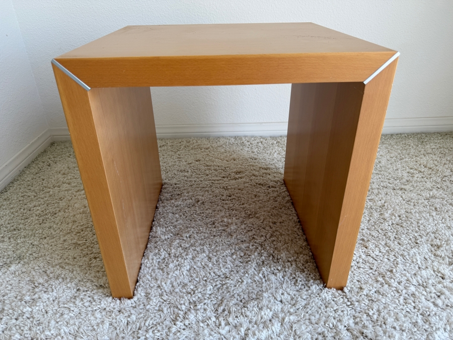 Milo Baughman Style Wooden End Table With Metal Corner Accents 17.5W X 16.5D X 18H [Photo 4]