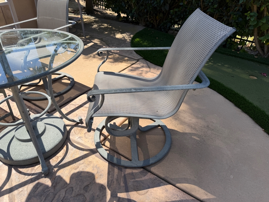 Brown Jordan Outdoor Patio Set With Round Table 36.5W X 28H, (2) Swivel Armchairs, (1) Ottoman And Umbrella [Photo 6]