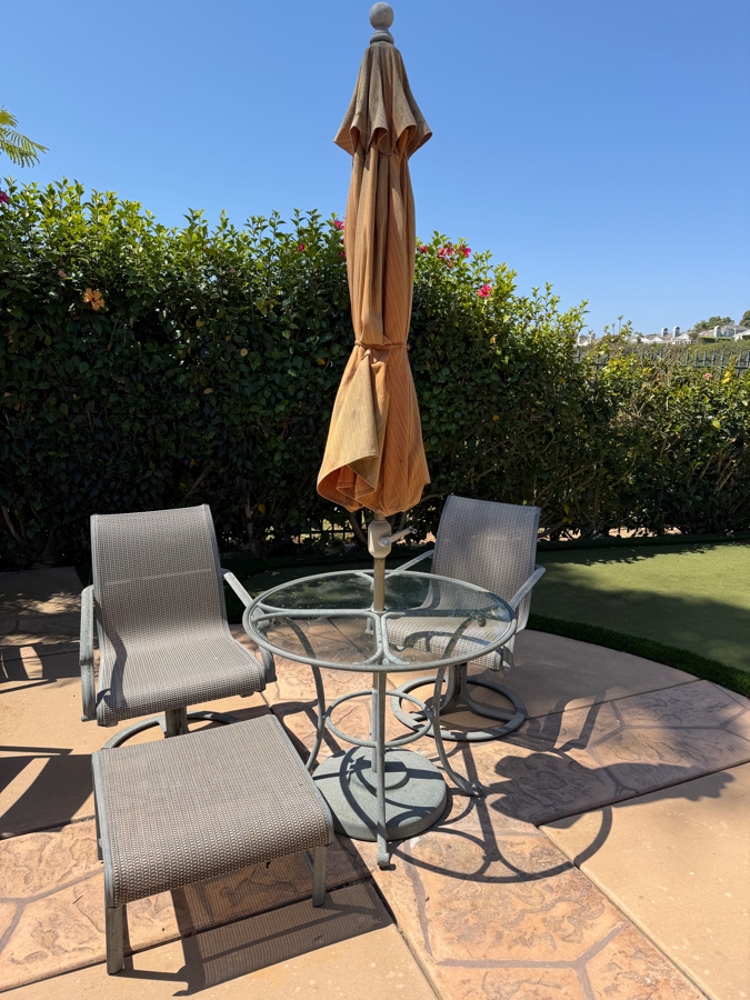 Brown Jordan Outdoor Patio Set With Round Table 36.5W X 28H, (2) Swivel Armchairs, (1) Ottoman And Umbrella [Photo 2]