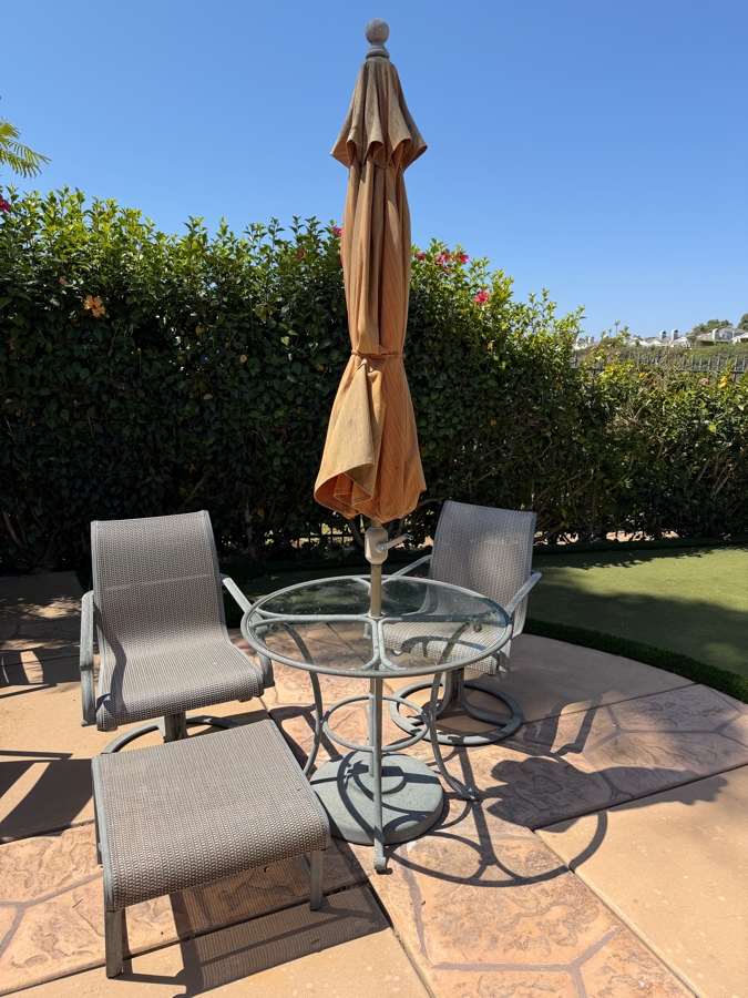 Brown Jordan Outdoor Patio Set With Round Table 36.5W X 28H, (2) Swivel Armchairs, (1) Ottoman And Umbrella [Photo 3]