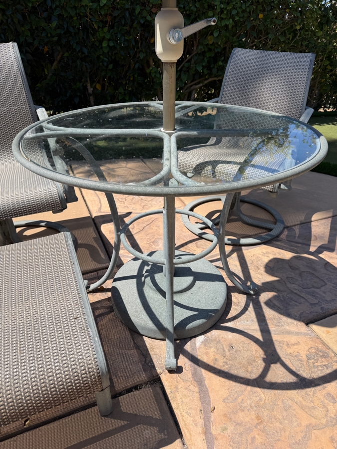 Brown Jordan Outdoor Patio Set With Round Table 36.5W X 28H, (2) Swivel Armchairs, (1) Ottoman And Umbrella [Photo 4]