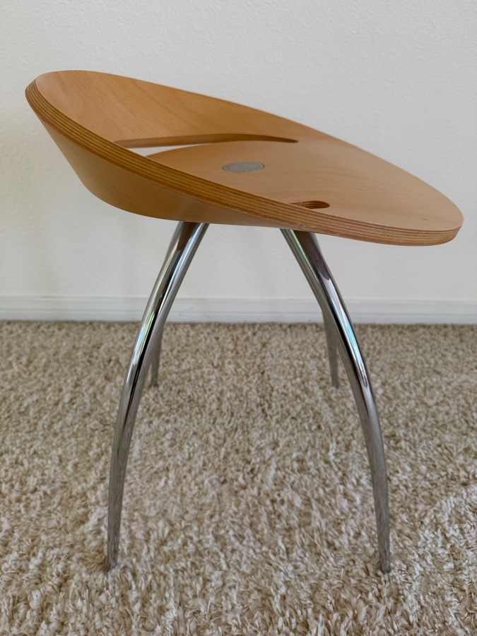 Magis Lyra Stool Designed By Design Group Italia With A Scooped Beech Wood Seat And Curved Chrome Legs 18.5' Seat Height [Photo 3]