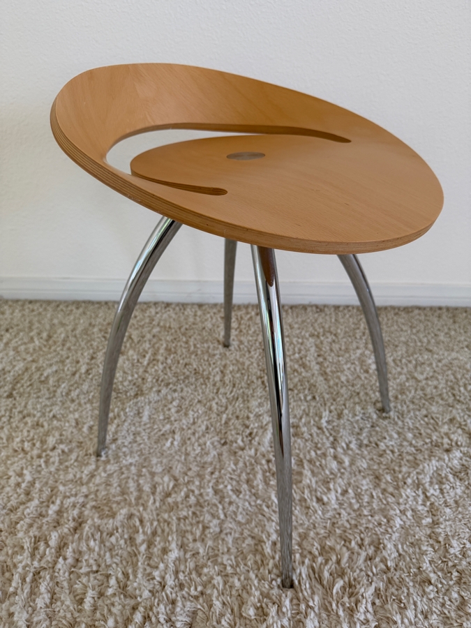 Magis Lyra Stool Designed By Design Group Italia With A Scooped Beech Wood Seat And Curved Chrome Legs 18.5' Seat Height