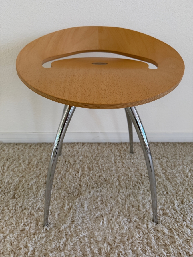 Magis Lyra Stool Designed By Design Group Italia With A Scooped Beech Wood Seat And Curved Chrome Legs 18.5' Seat Height [Photo 2]