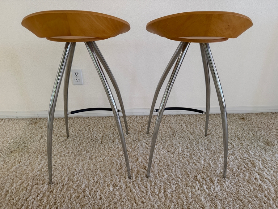 Pair Of Magis Lyra Bar Stools Designed By Design Group Italia With A Scooped Beech Wood Seat And Curved Chrome Legs 27' Seat Height [Photo 4]