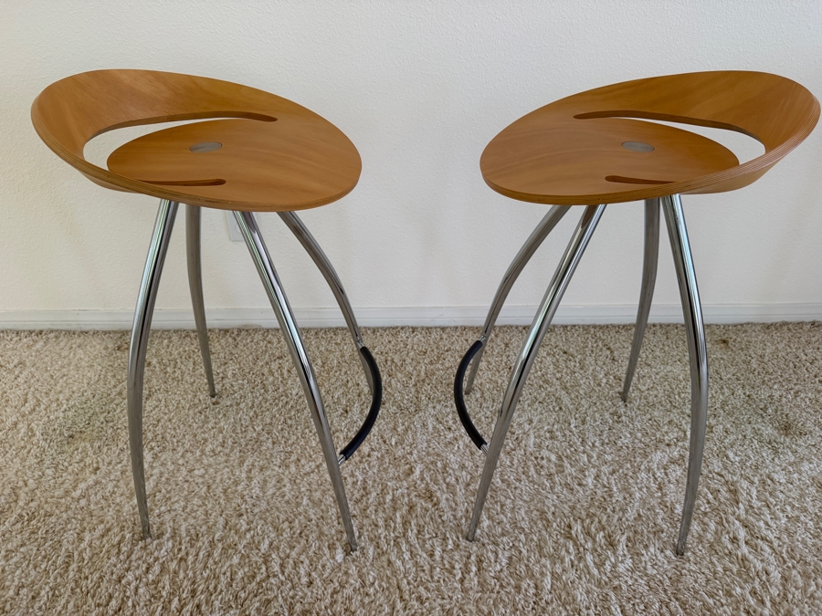 Pair Of Magis Lyra Bar Stools Designed By Design Group Italia With A Scooped Beech Wood Seat And Curved Chrome Legs 27' Seat Height [Photo 3]