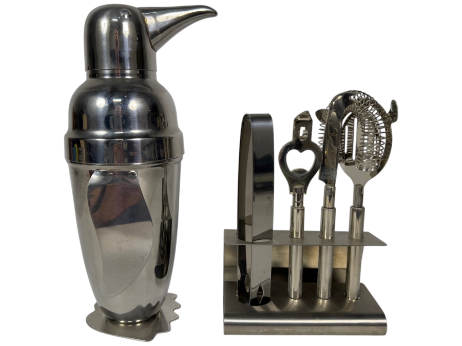 Pottery Barn Penguin Cocktail Shaker And Williams-Sonoma 5-Piece Cocktail Bar Tool Set With Stand