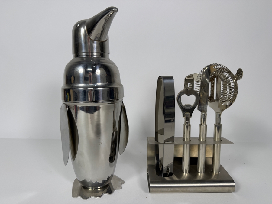 Pottery Barn Penguin Cocktail Shaker And Williams-Sonoma 5-Piece Cocktail Bar Tool Set With Stand [Photo 2]
