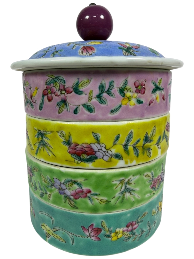 Vintage Chinese Famille Rose Porcelain Stacking Food Container 7H