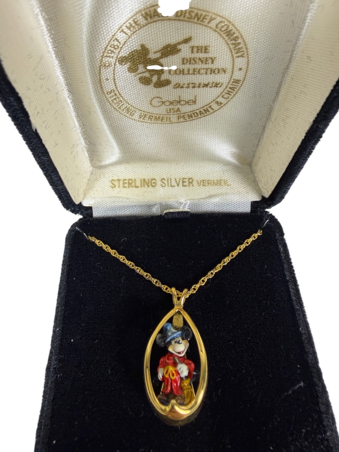 Sterling Silver Vermeil Goebel Mickey Mouse Pendant And Chain Necklace 1987 The Walt Disney Company
