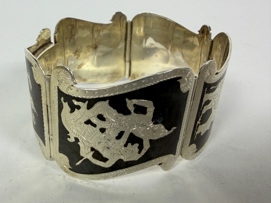 Vintage Siam Sterling Silver Nielloware Bracelet 2 3/4'W 54.4g ($123 Melt Value) [Photo 4]