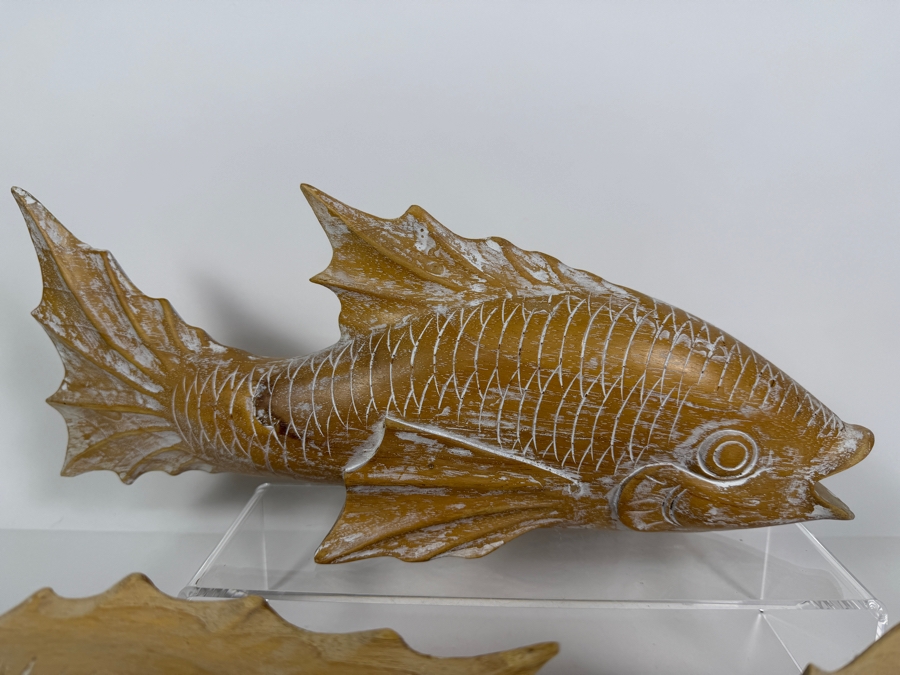 Pair Of Whitewashed Wooden Koi Fish Figurines 16'L [Photo 2]