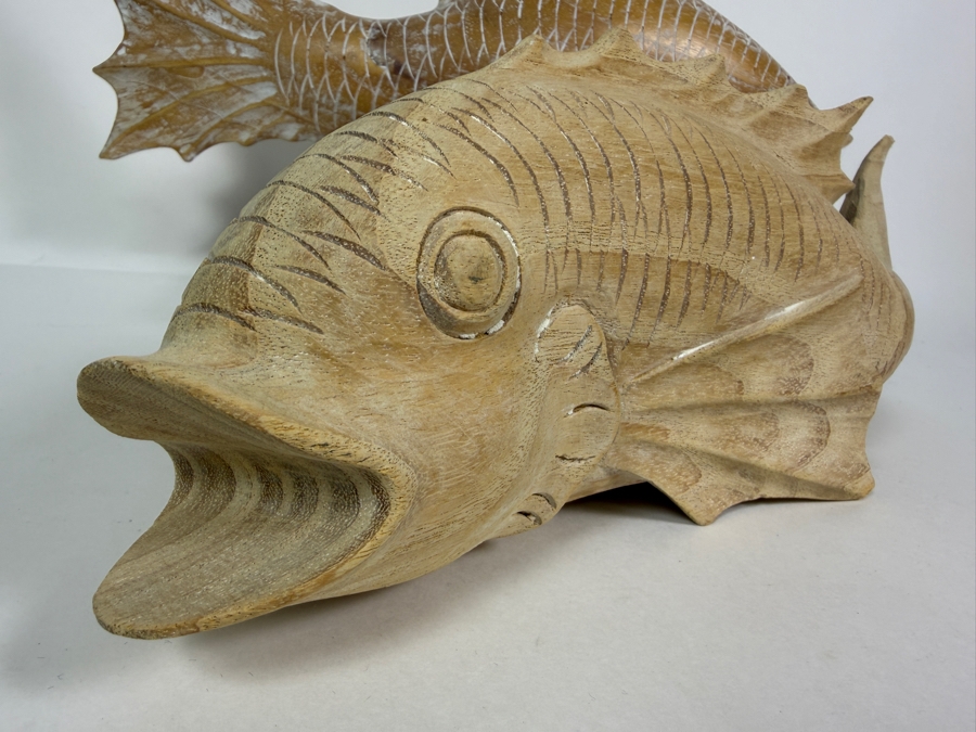 Pair Of Whitewashed Wooden Koi Fish Figurines 16'L [Photo 3]