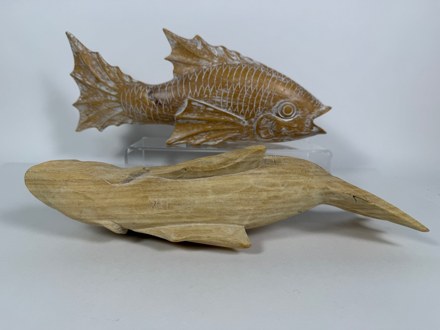 Pair Of Whitewashed Wooden Koi Fish Figurines 16'L [Photo 4]