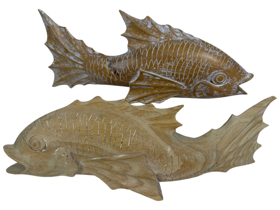 Pair Of Whitewashed Wooden Koi Fish Figurines 16'L