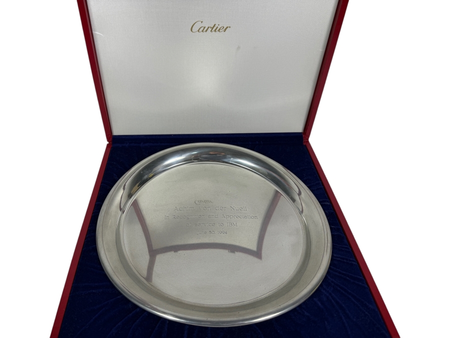 Cartier Pewter Award Plate Presented To Achim Von Der Nuell In Recognition And Appreciation Of Service To IBM June 30, 1994 With Red Cartier Box