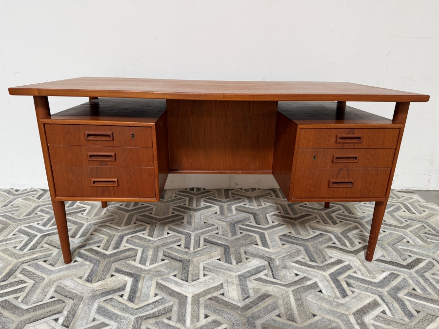 Danish Mid-Century Modern Teak Freestanding Desk By Arne Vodder For Sibast With Shelving In Back Of Desk 57W X 27.5D X 29H [Photo 2]