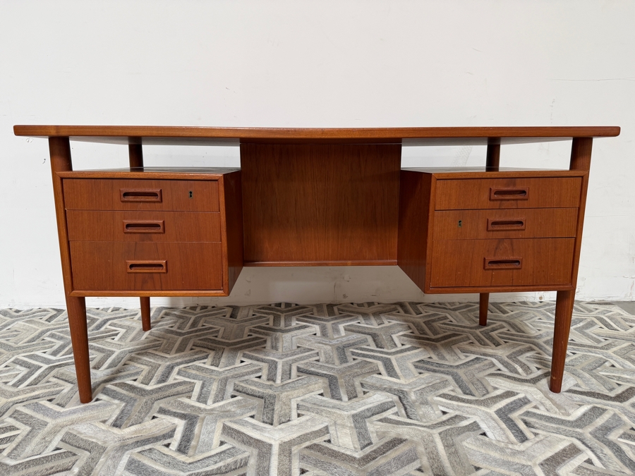 Danish Mid-Century Modern Teak Freestanding Desk By Arne Vodder For Sibast With Shelving In Back Of Desk 57W X 27.5D X 29H [Photo 3]