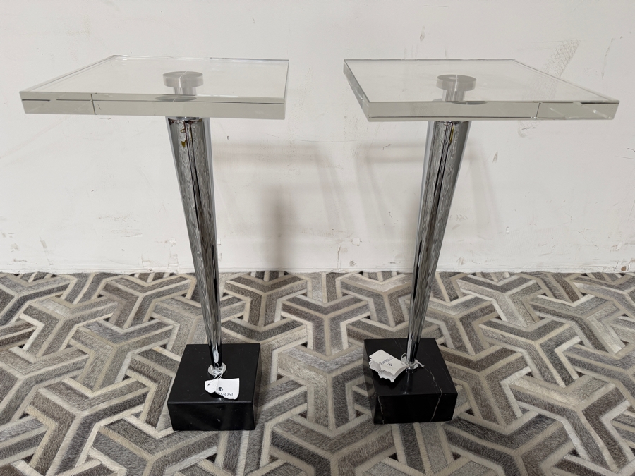 New Pair Of Uttermost Campeiro Drink Side Tables With Clear Crystal Top, Tapered Stainless Steel Post And Marble Base 13W X 13D X 29H [Photo 4]