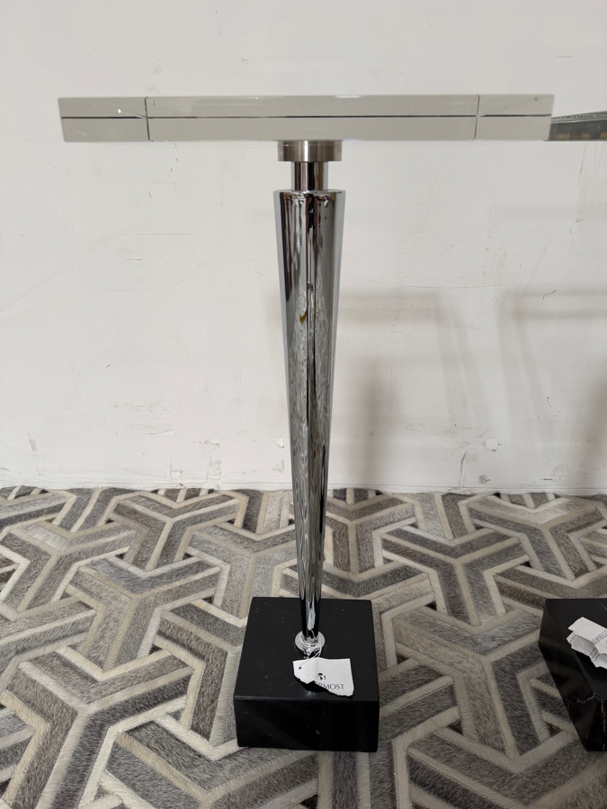 New Pair Of Uttermost Campeiro Drink Side Tables With Clear Crystal Top, Tapered Stainless Steel Post And Marble Base 13W X 13D X 29H [Photo 5]