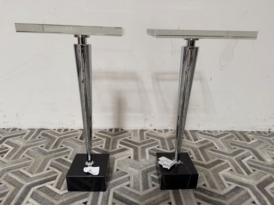 New Pair Of Uttermost Campeiro Drink Side Tables With Clear Crystal Top, Tapered Stainless Steel Post And Marble Base 13W X 13D X 29H [Photo 3]