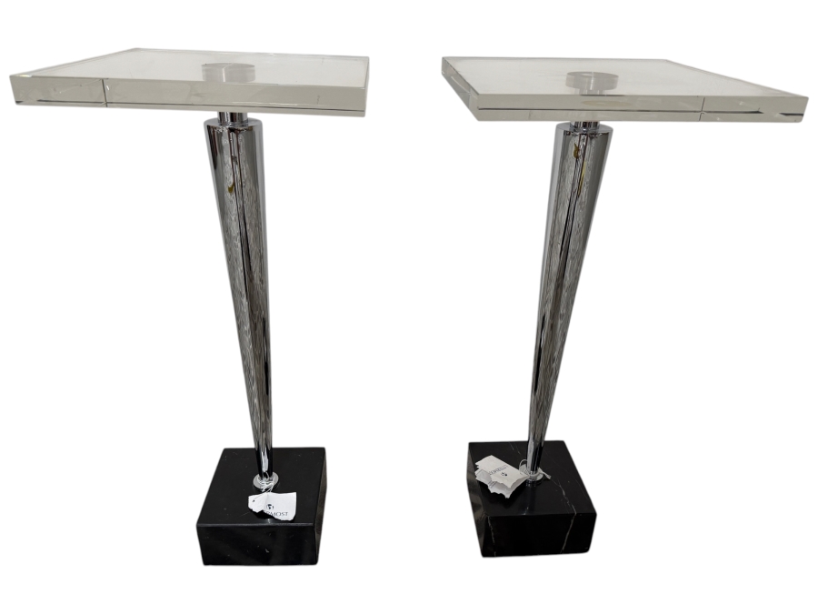 New Pair Of Uttermost Campeiro Drink Side Tables With Clear Crystal Top, Tapered Stainless Steel Post And Marble Base 13W X 13D X 29H