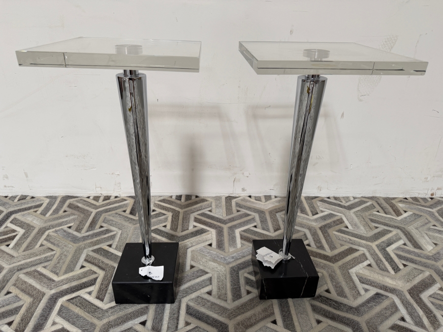 New Pair Of Uttermost Campeiro Drink Side Tables With Clear Crystal Top, Tapered Stainless Steel Post And Marble Base 13W X 13D X 29H [Photo 2]