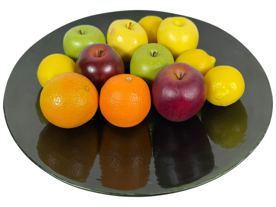 Crate & Barrel 18' Bamboo Green Lacquer Platter With Realistic Faux Fruit Made In Mexico