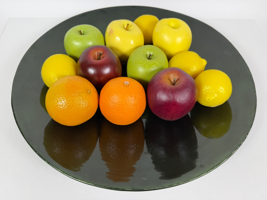 Crate & Barrel 18' Bamboo Green Lacquer Platter With Realistic Faux Fruit Made In Mexico [Photo 2]