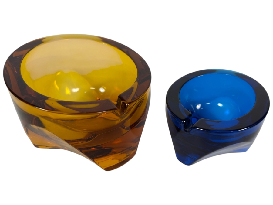 Pair Of Vintage Viking Art Glass Tripod Orb Ashtrays 5.5W & 4W