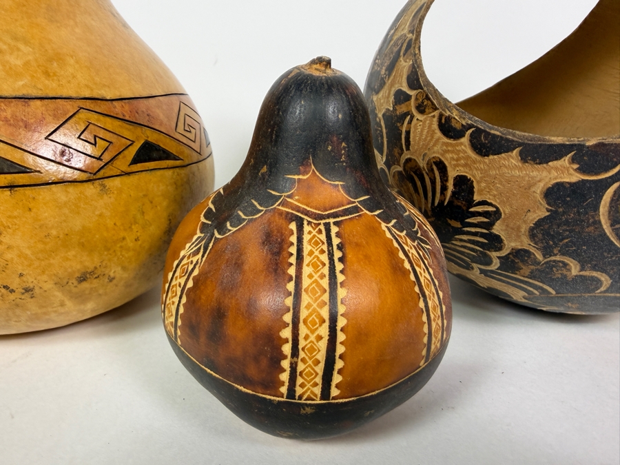(3) Hand Carved Gourds 4.25'H - 8'H [Photo 2]