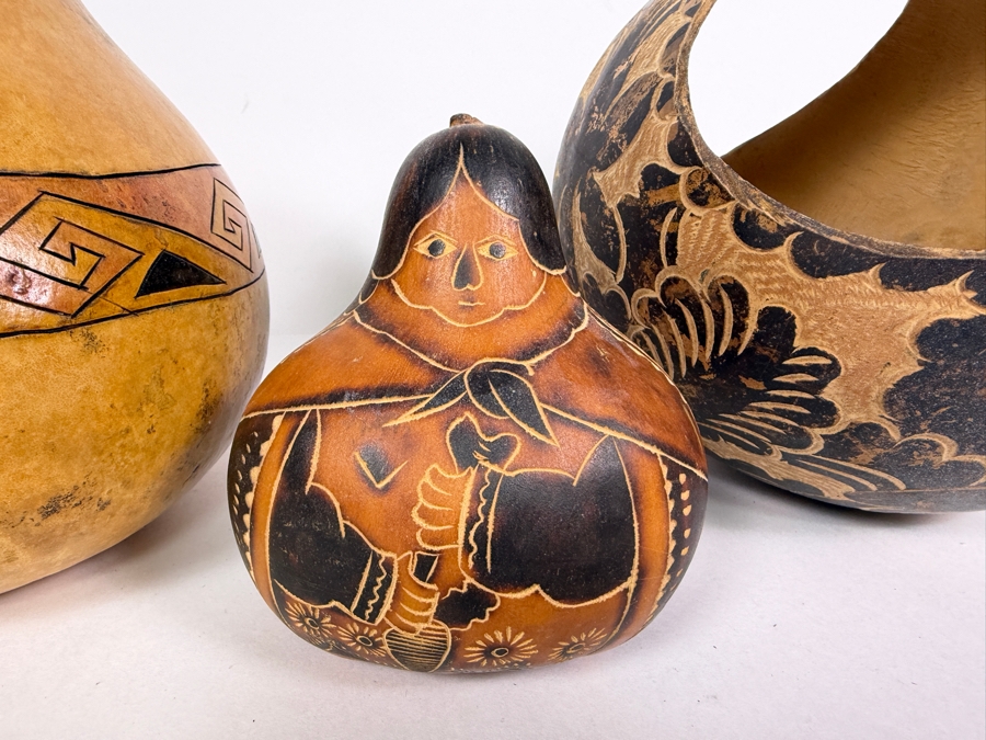 (3) Hand Carved Gourds 4.25'H - 8'H [Photo 8]